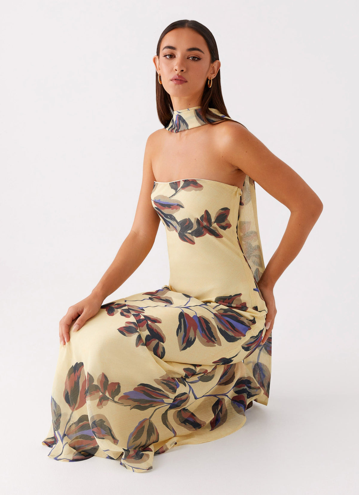 Strapless Brushed Chiffon Maxi Dress - Buttercream Leaf Print