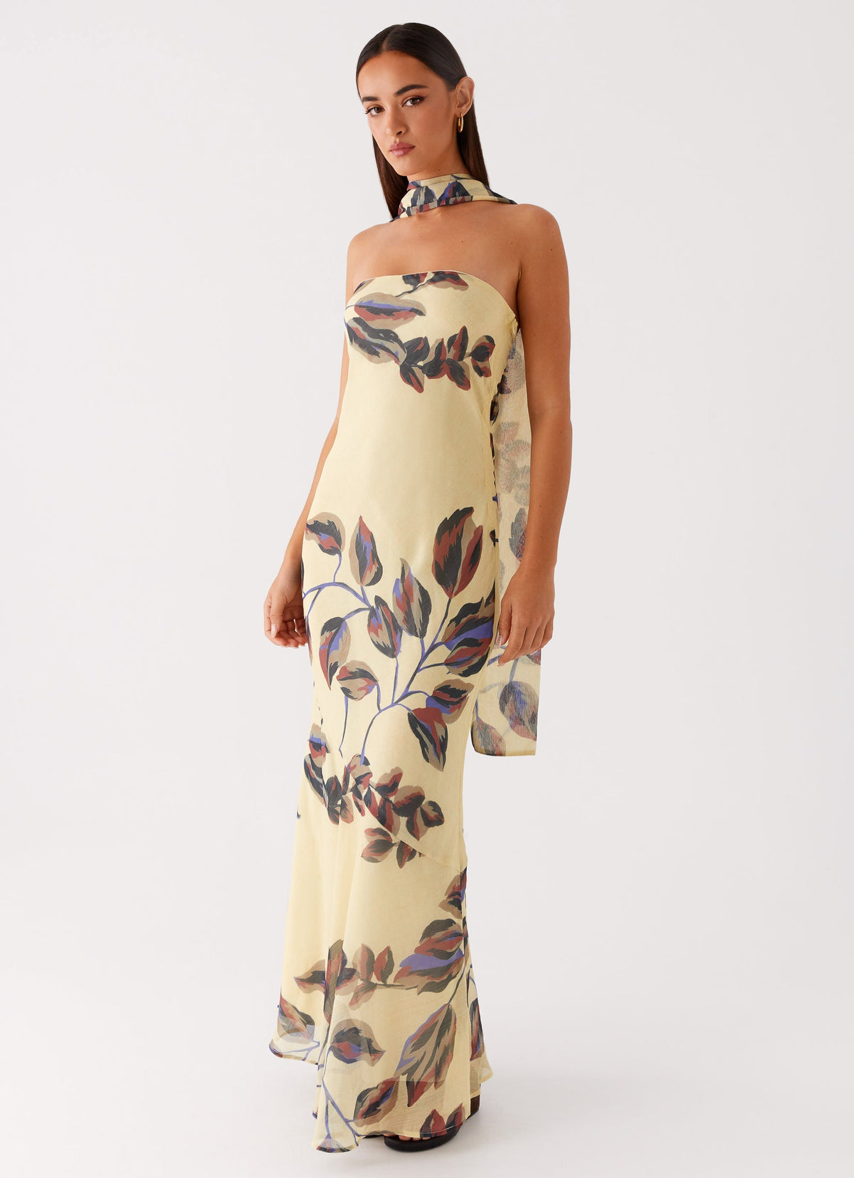 Strapless Brushed Chiffon Maxi Dress - Buttercream Leaf Print