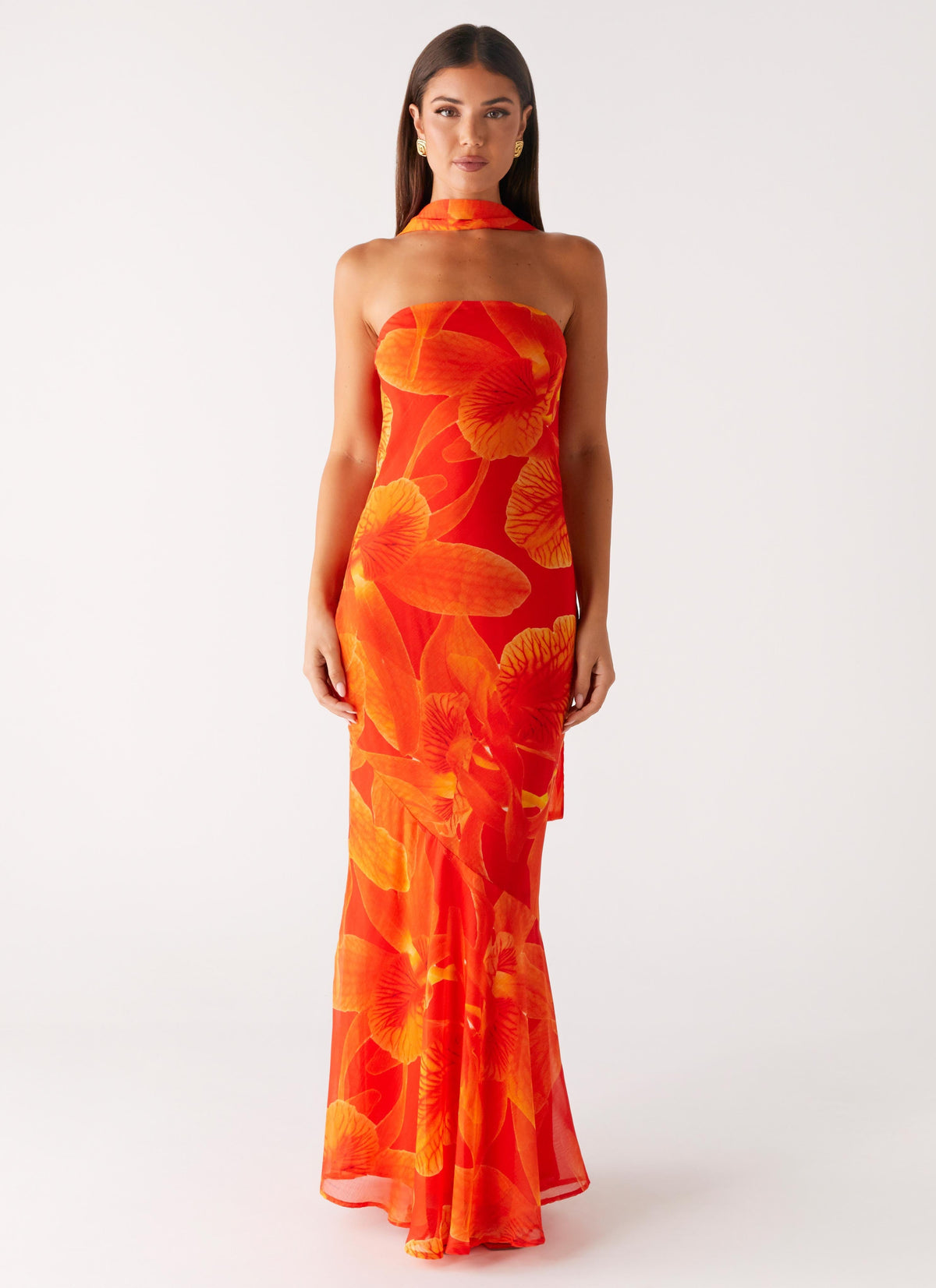 Strapless Brushed Chiffon Maxi Dress - Orange Floral