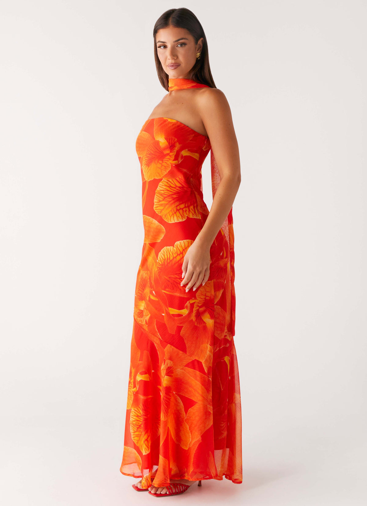 Strapless Brushed Chiffon Maxi Dress - Orange Floral