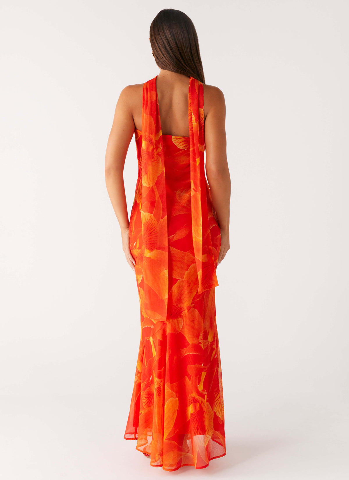 Strapless Brushed Chiffon Maxi Dress - Orange Floral