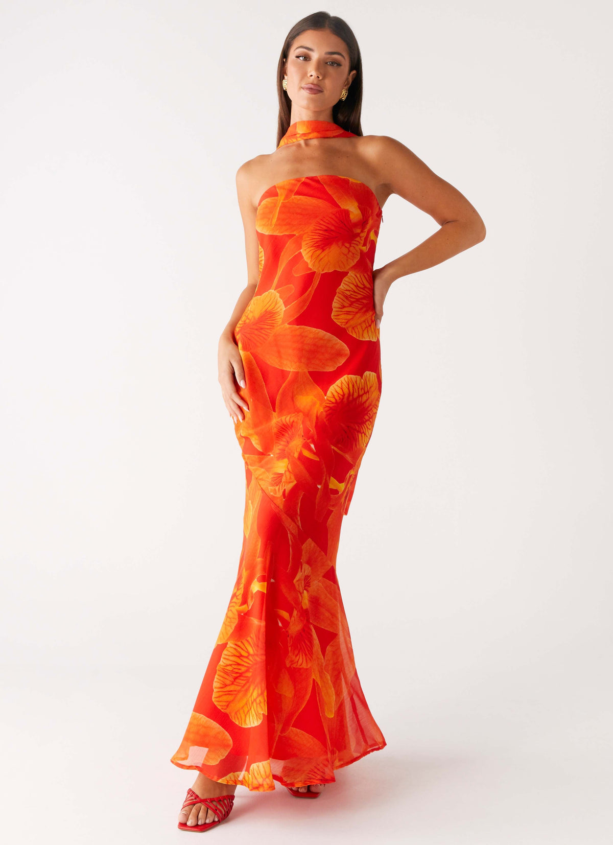 Strapless Brushed Chiffon Maxi Dress - Orange Floral