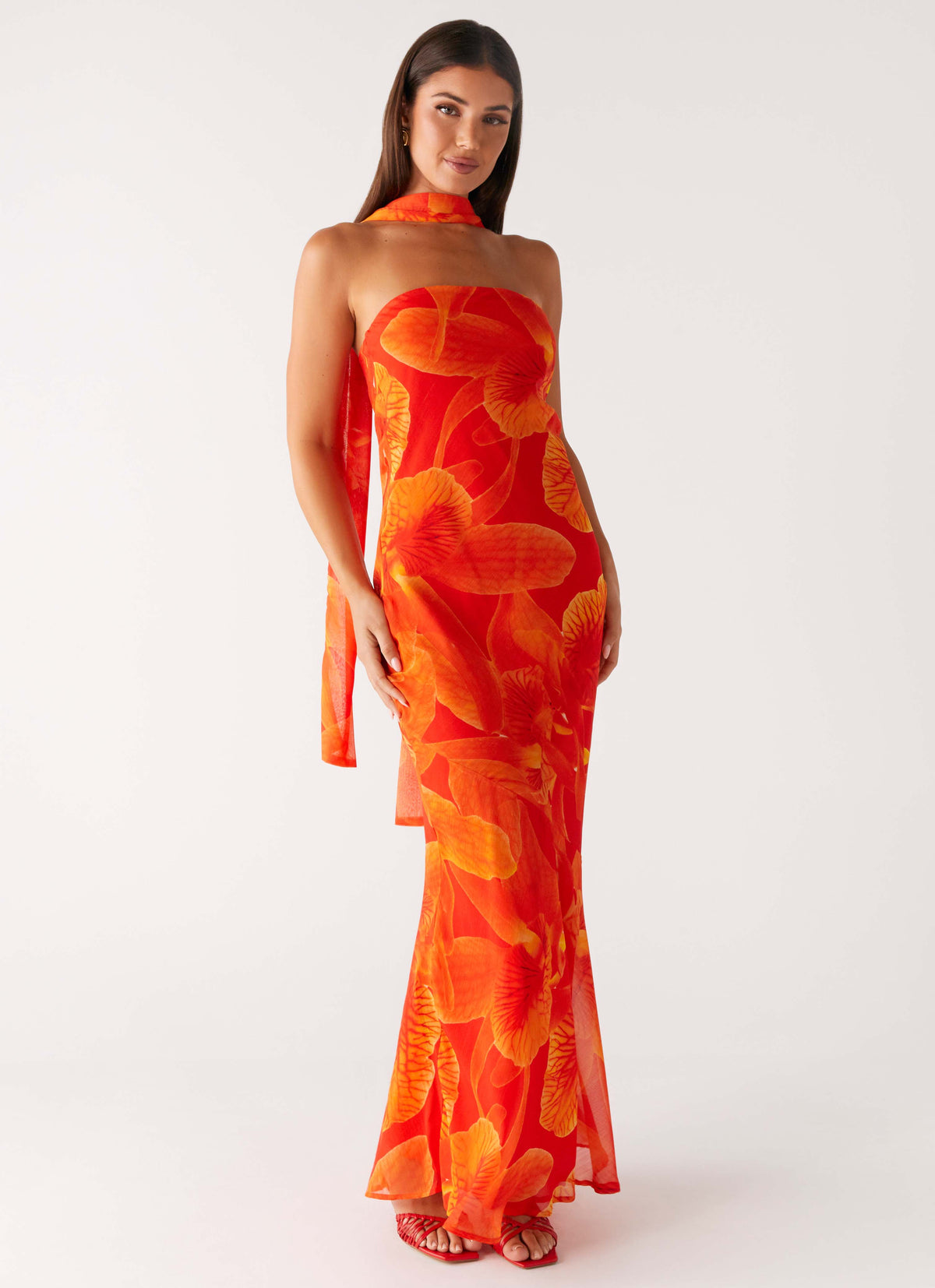 Strapless Brushed Chiffon Maxi Dress - Orange Floral