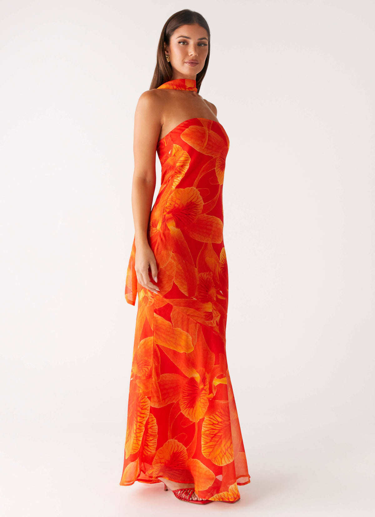 Strapless Brushed Chiffon Maxi Dress - Orange Floral