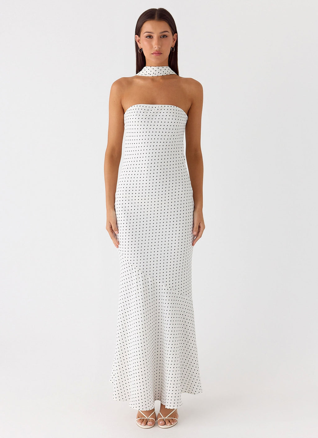Strapless Brushed Chiffon Maxi Dress - White Polka Dot