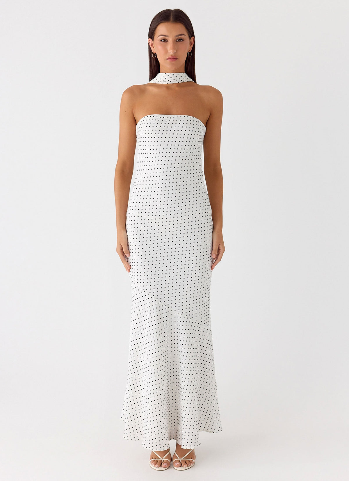 Strapless Brushed Chiffon Maxi Dress - White Polka Dot