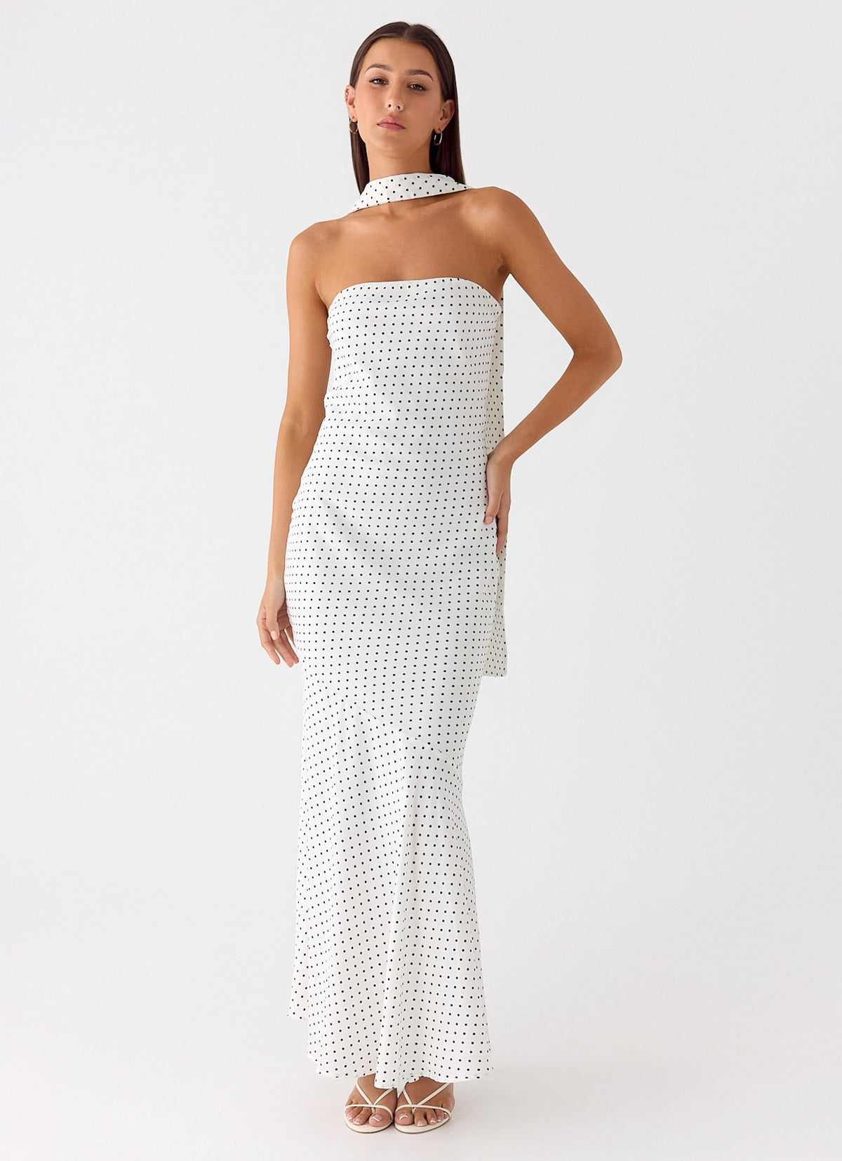 Strapless Brushed Chiffon Maxi Dress - White Polka Dot