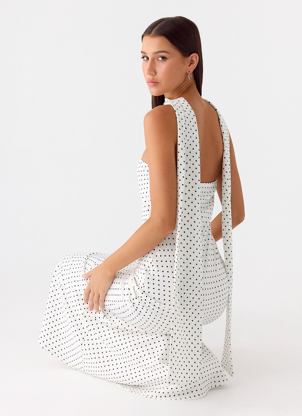 Strapless Brushed Chiffon Maxi Dress - White Polka Dot