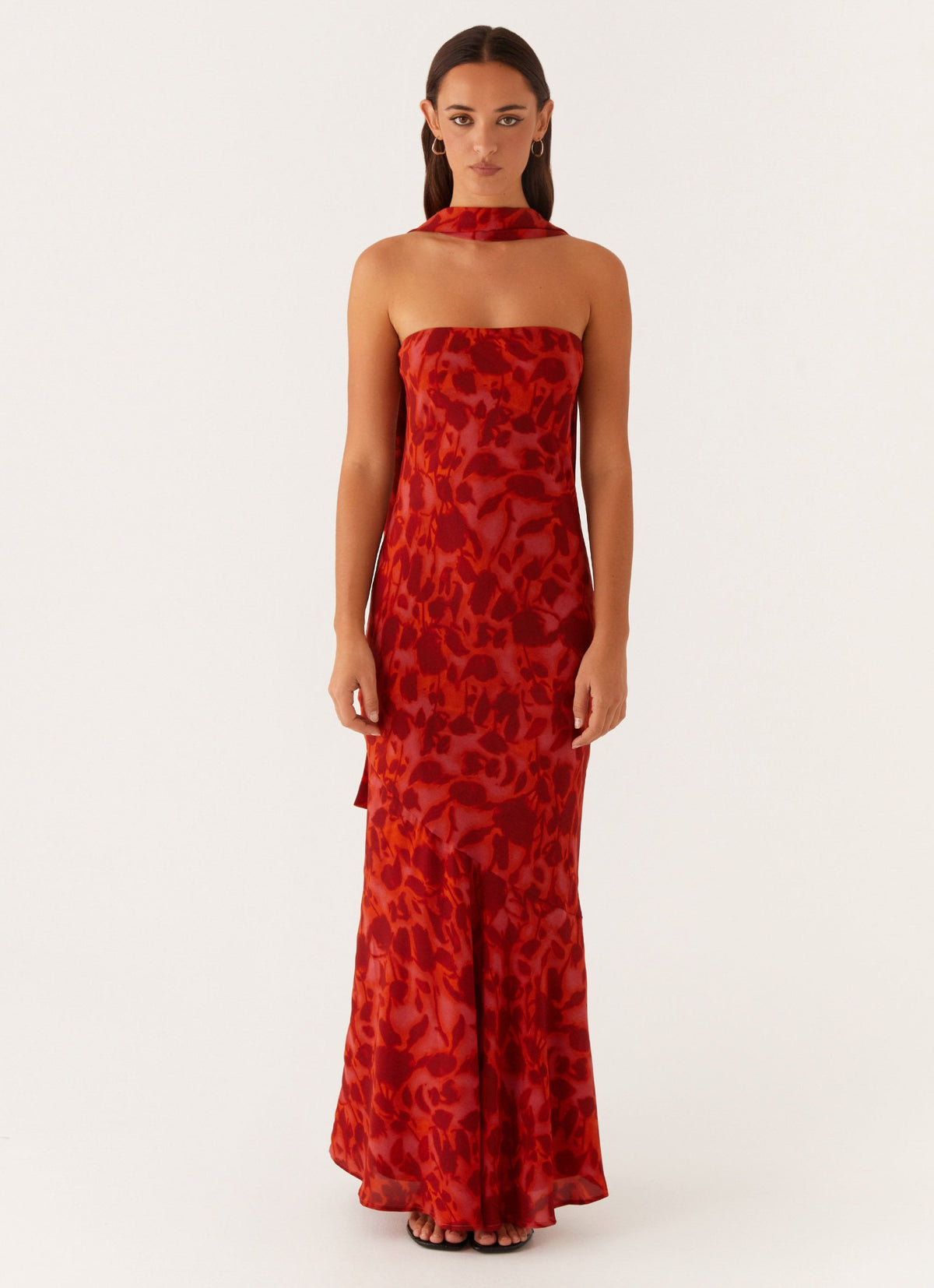 Strapless Brushed Chiffon Maxi Dress - Deep Red Floral