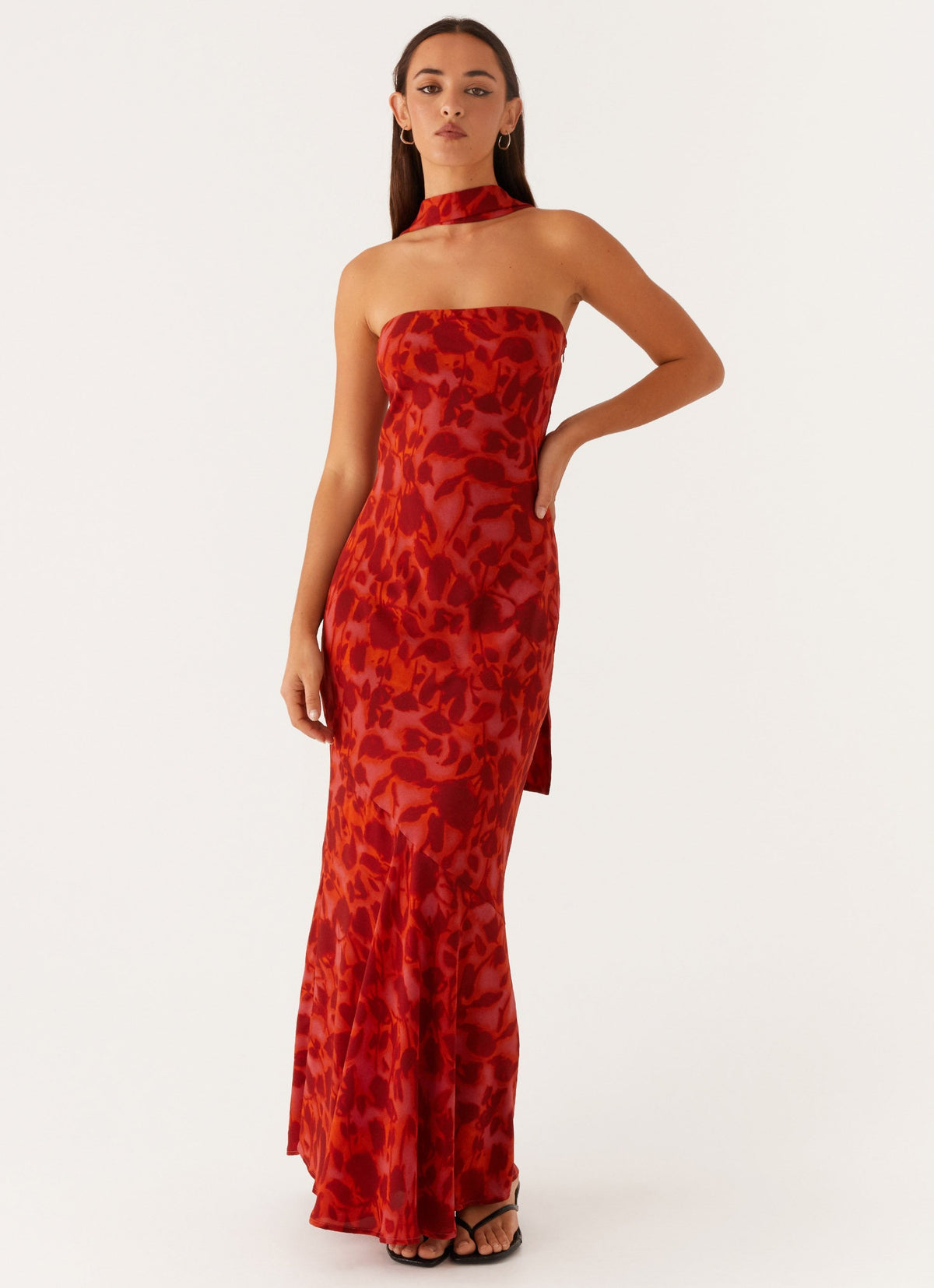 Strapless Brushed Chiffon Maxi Dress - Deep Red Floral