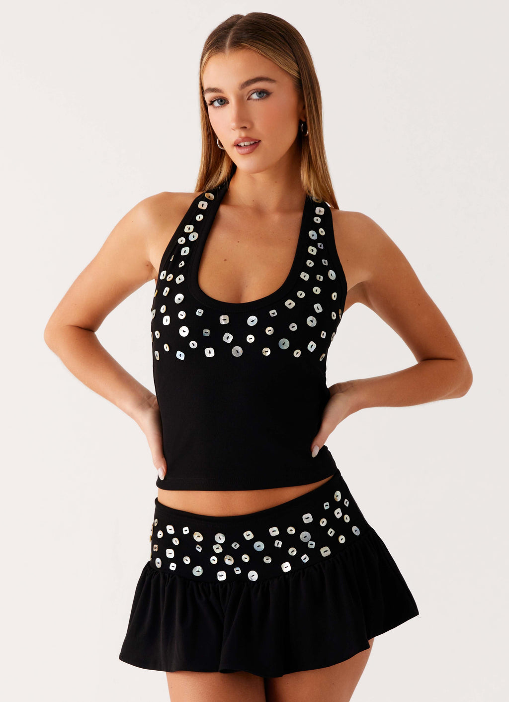 Metallic Button Halter Top - Black