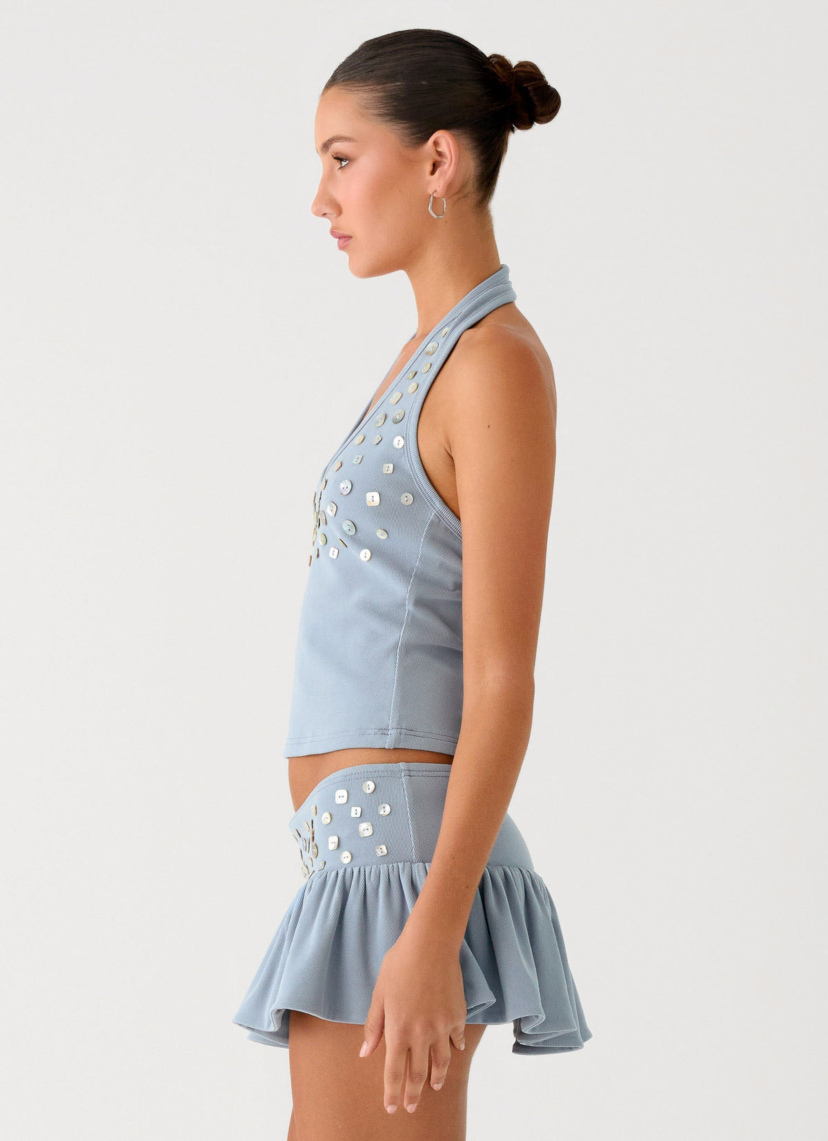 Metallic Button Halter Top - Blue
