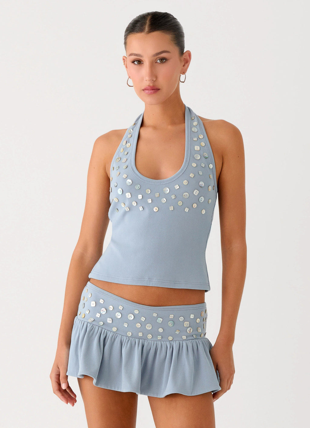 Metallic Button Halter Top - Blue