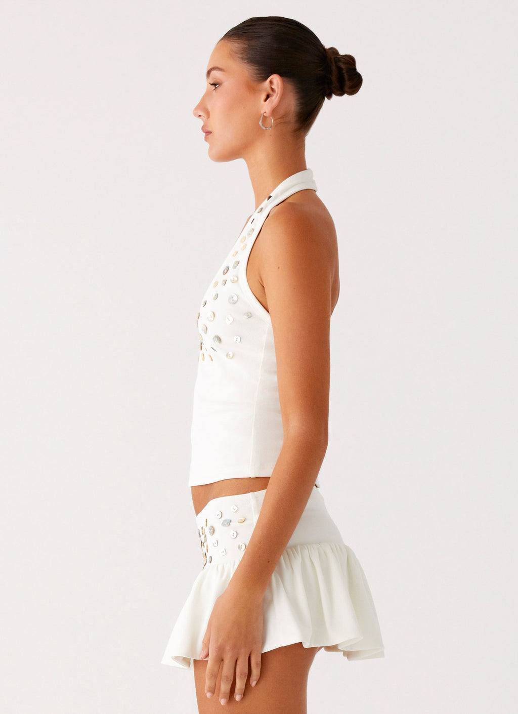 Metallic Button Halter Top - White
