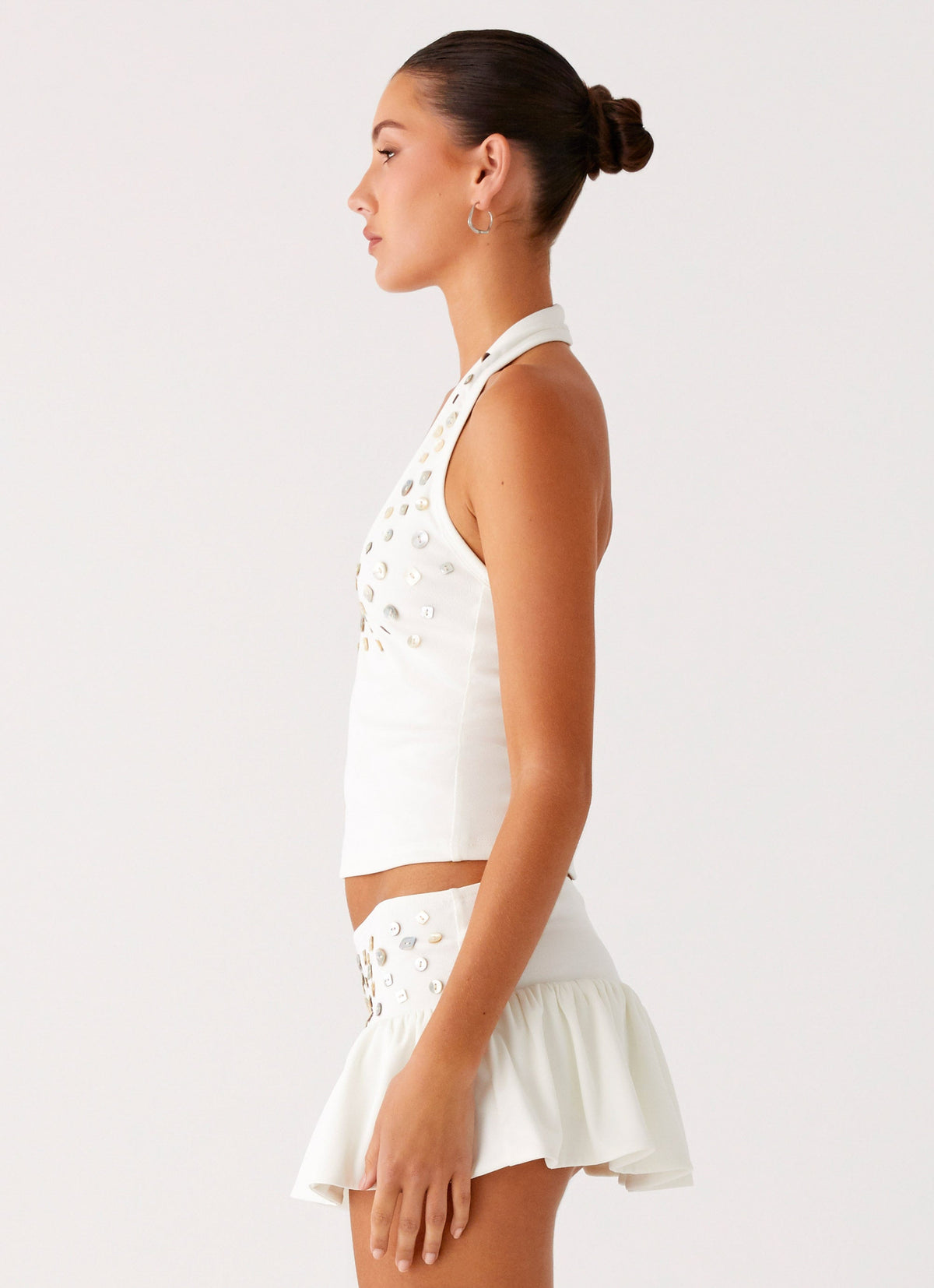Metallic Button Halter Top - White