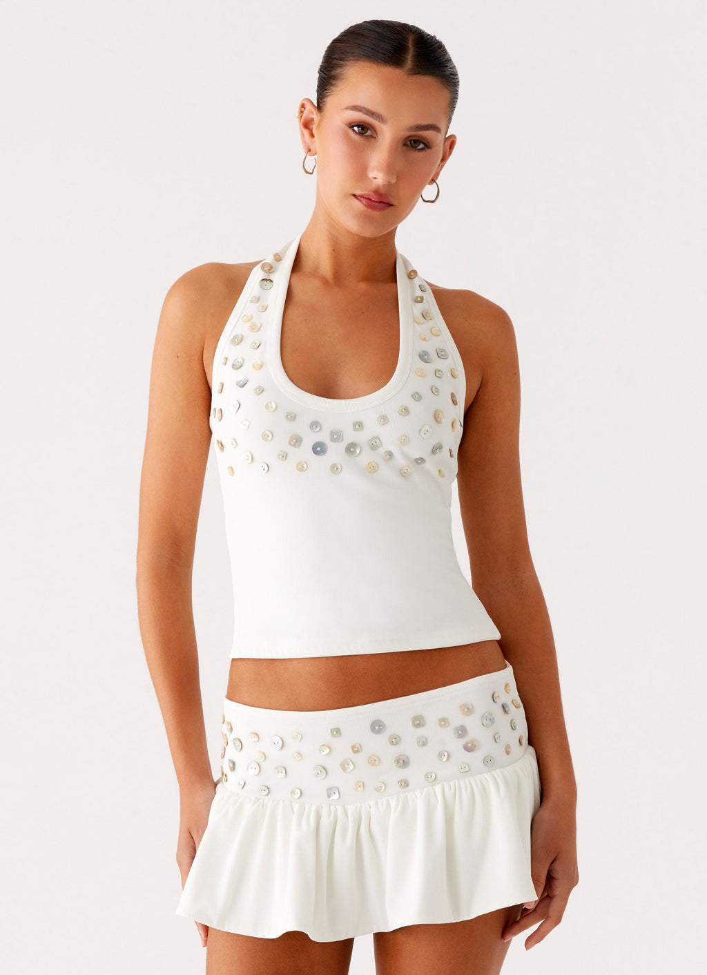 Metallic Button Halter Top - White