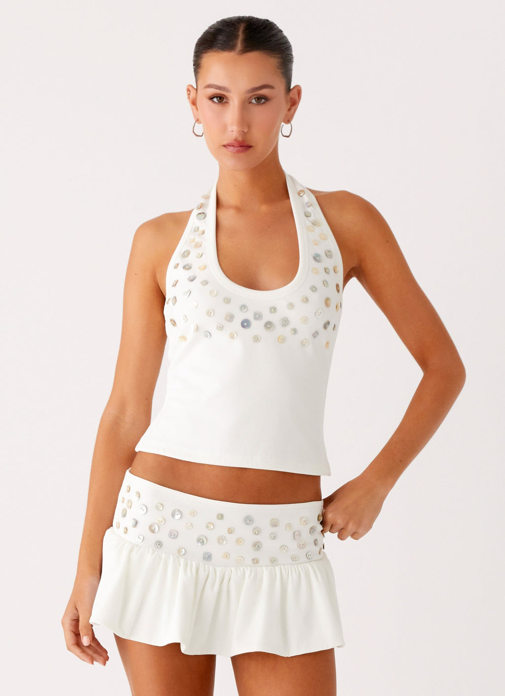 Metallic Button Halter Top - White