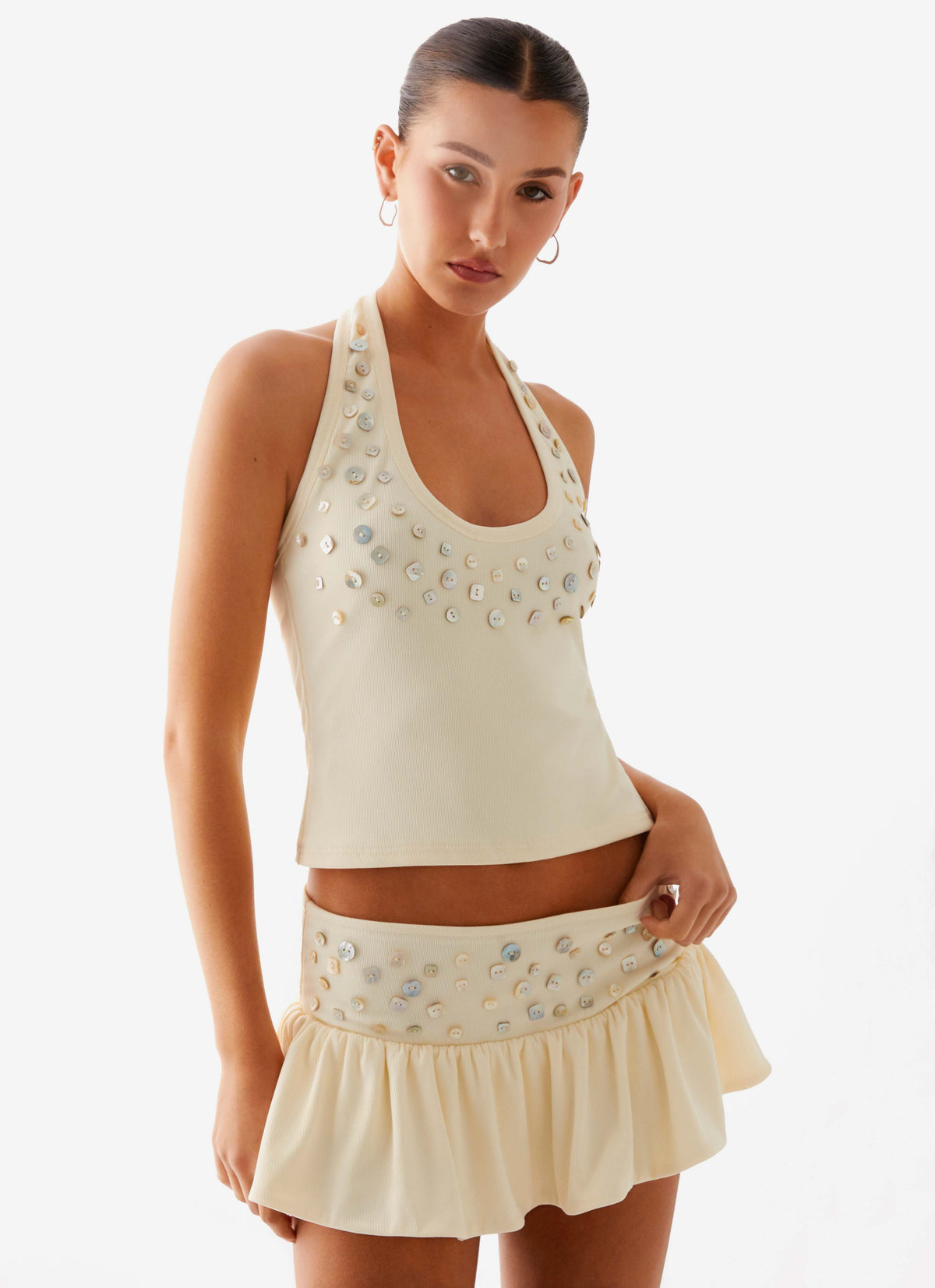 Metallic Button Halter Top - Yellow
