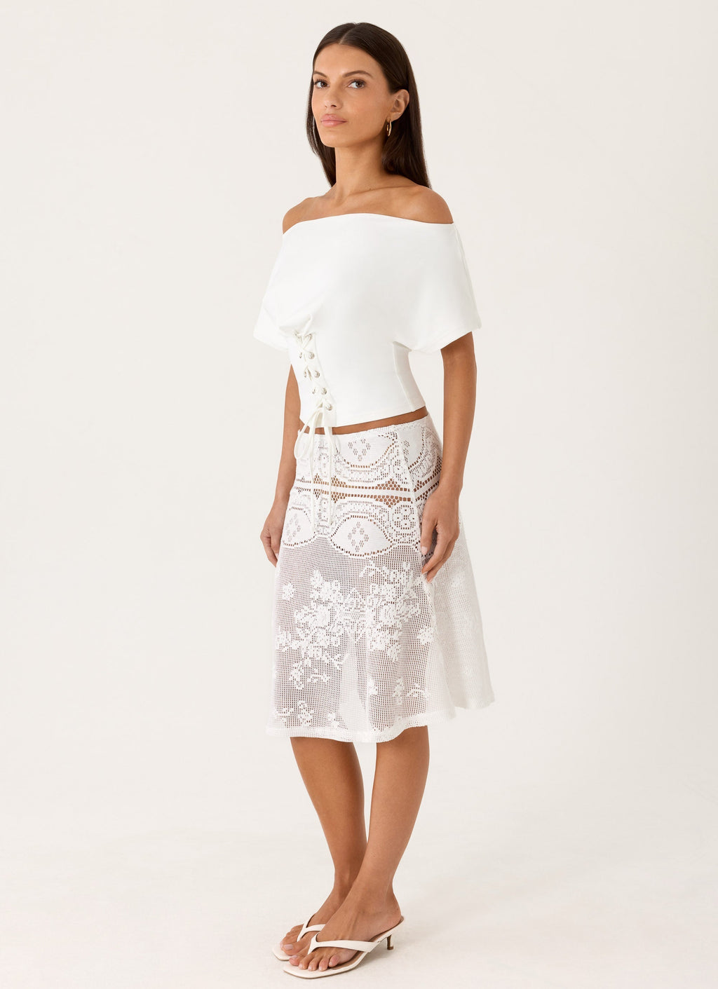 Elasticated Lace Midi Skirt - White