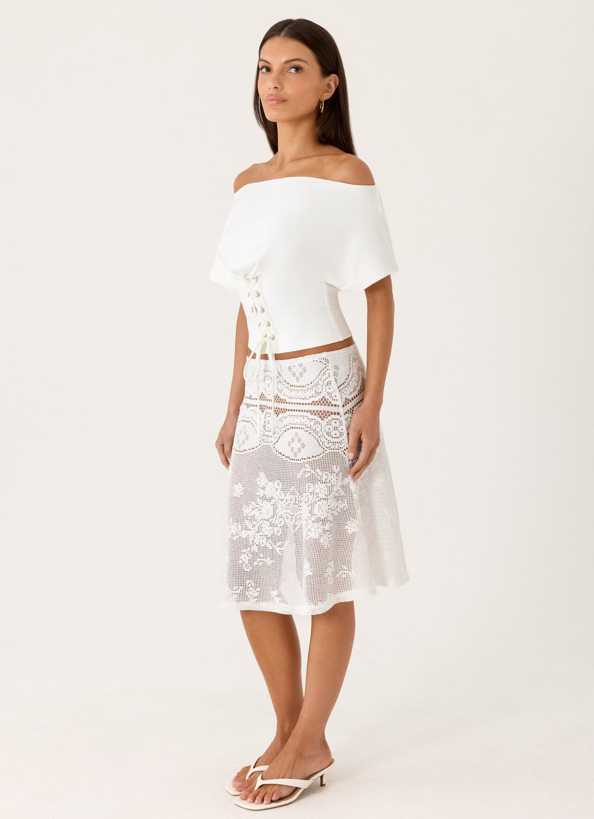 Elasticated Lace Midi Skirt - White