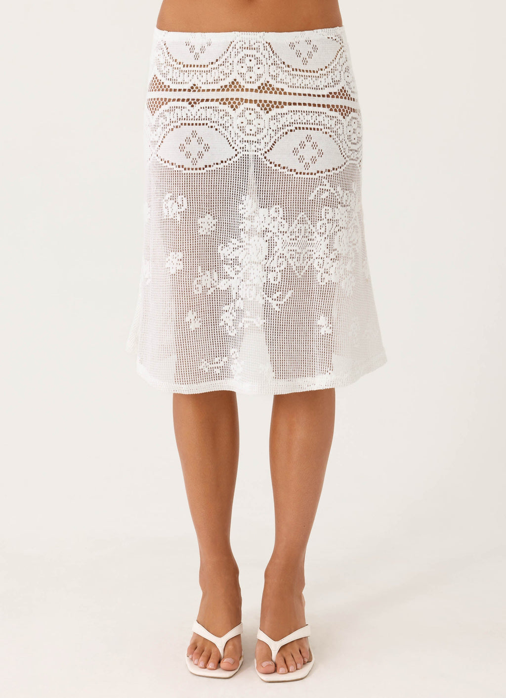 Elasticated Lace Midi Skirt - White