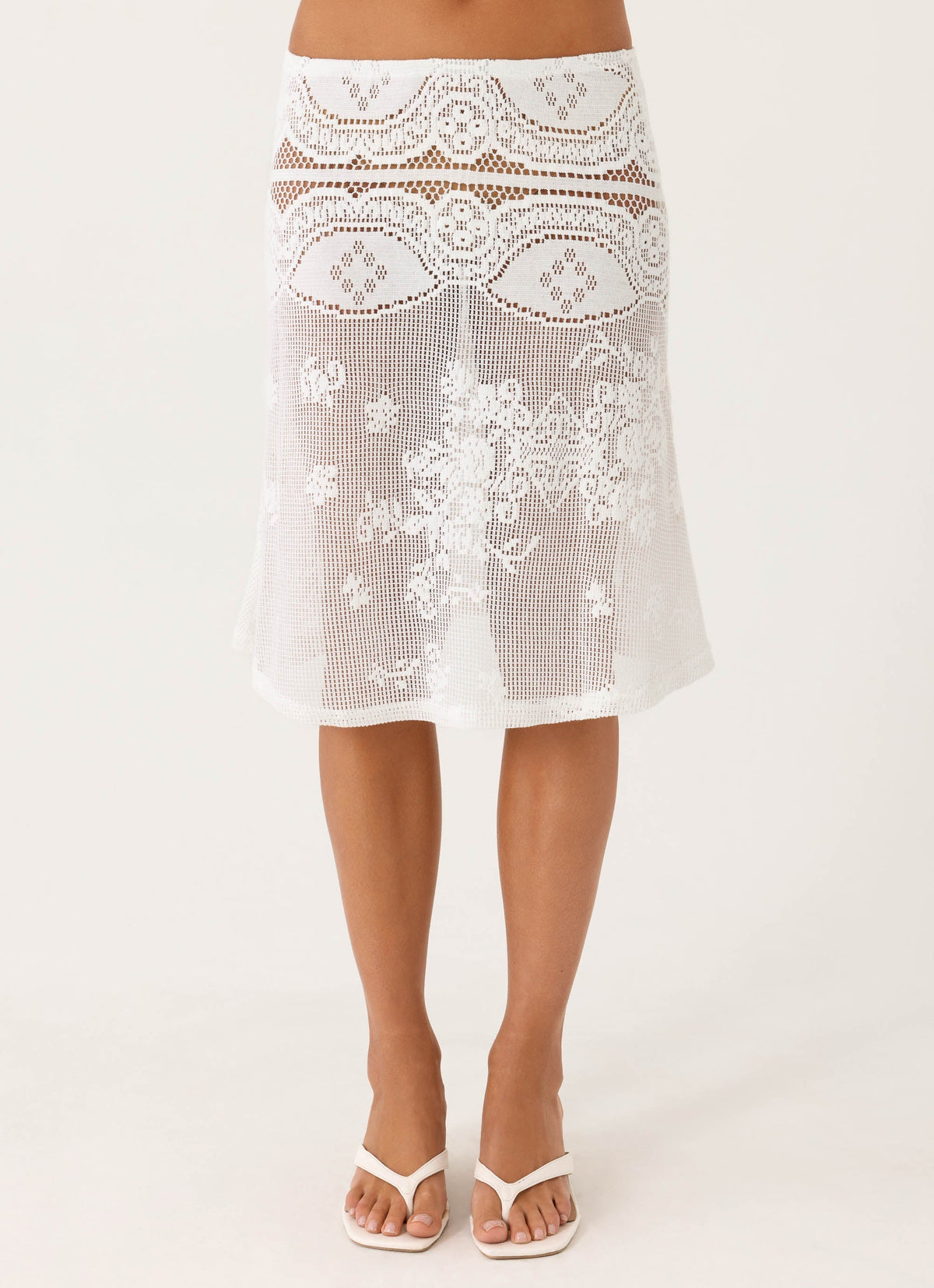 Elasticated Lace Midi Skirt - White