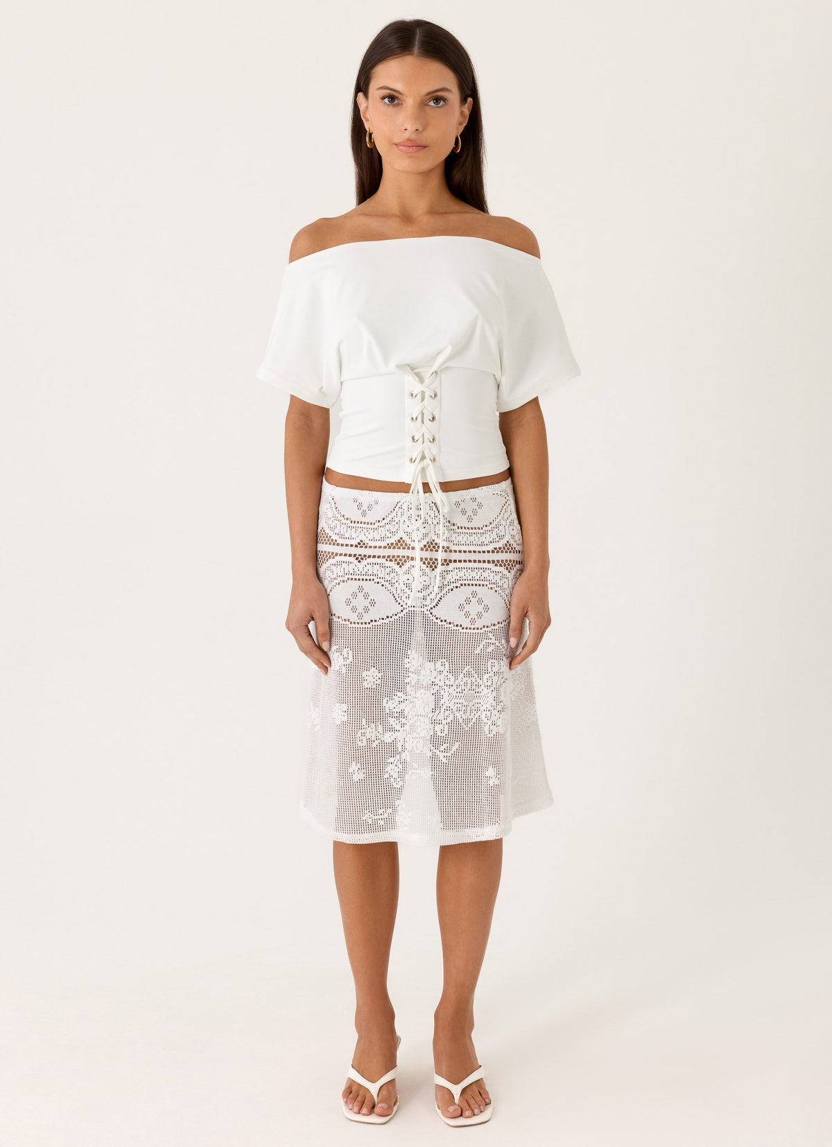 Elasticated Lace Midi Skirt - White