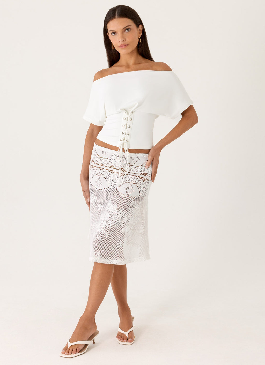 Elasticated Lace Midi Skirt - White